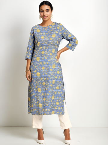 Blue & Yellow Pure Cotton Floral Printed Keyhole Neck Floral Kurta