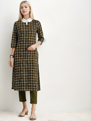 Olive Green & White Checked Printed Pure Cotton Kurta with Trousers