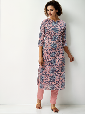 Pink & Navy Blue Ethnic Motifs Printed Pure Cotton Kurta with Trousers