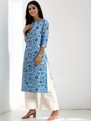 Blue Floral Printed Pure Cotton Straight Kurta