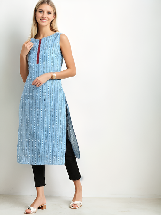 Blue & White Geometric Printed Pure Cotton Sleeveless Kurta