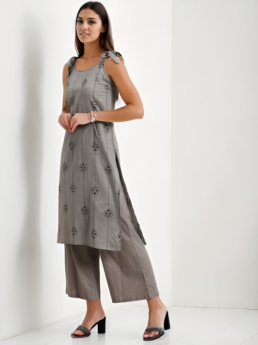 Floral Printed Striped Pure Cotton Kurta with Palazzos