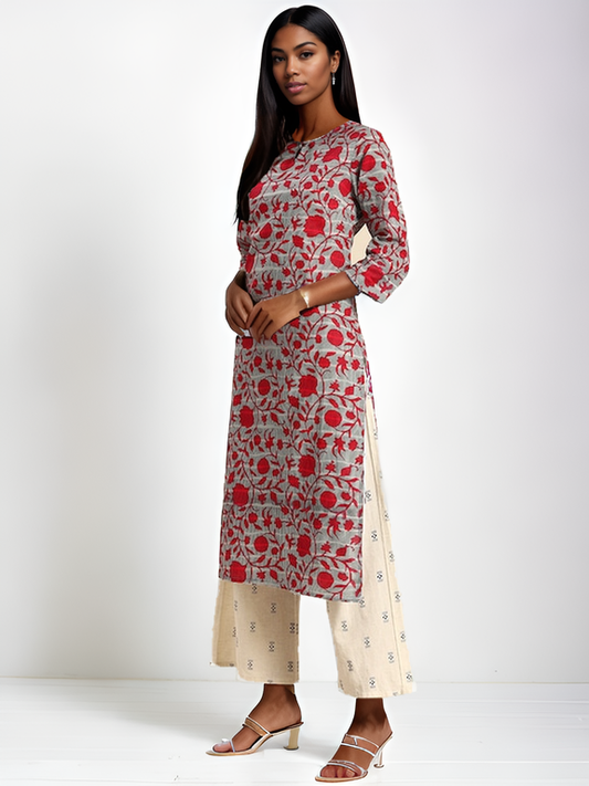 Red & Grey Floral Printed Pure Cotton A-Line Kurta