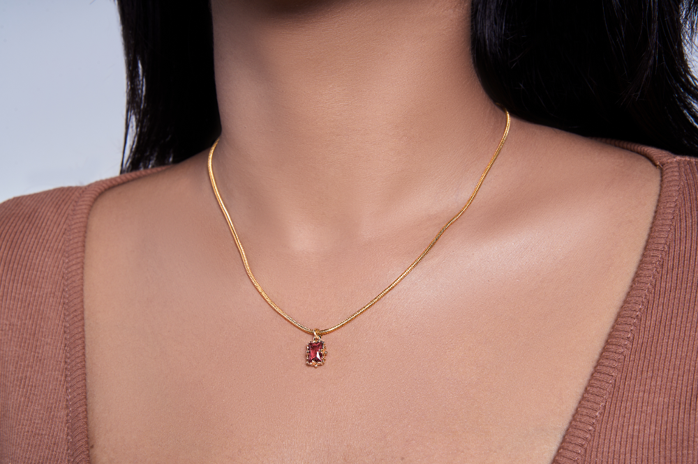 Wine Red Pendant in Snake Chain - Kamora.in