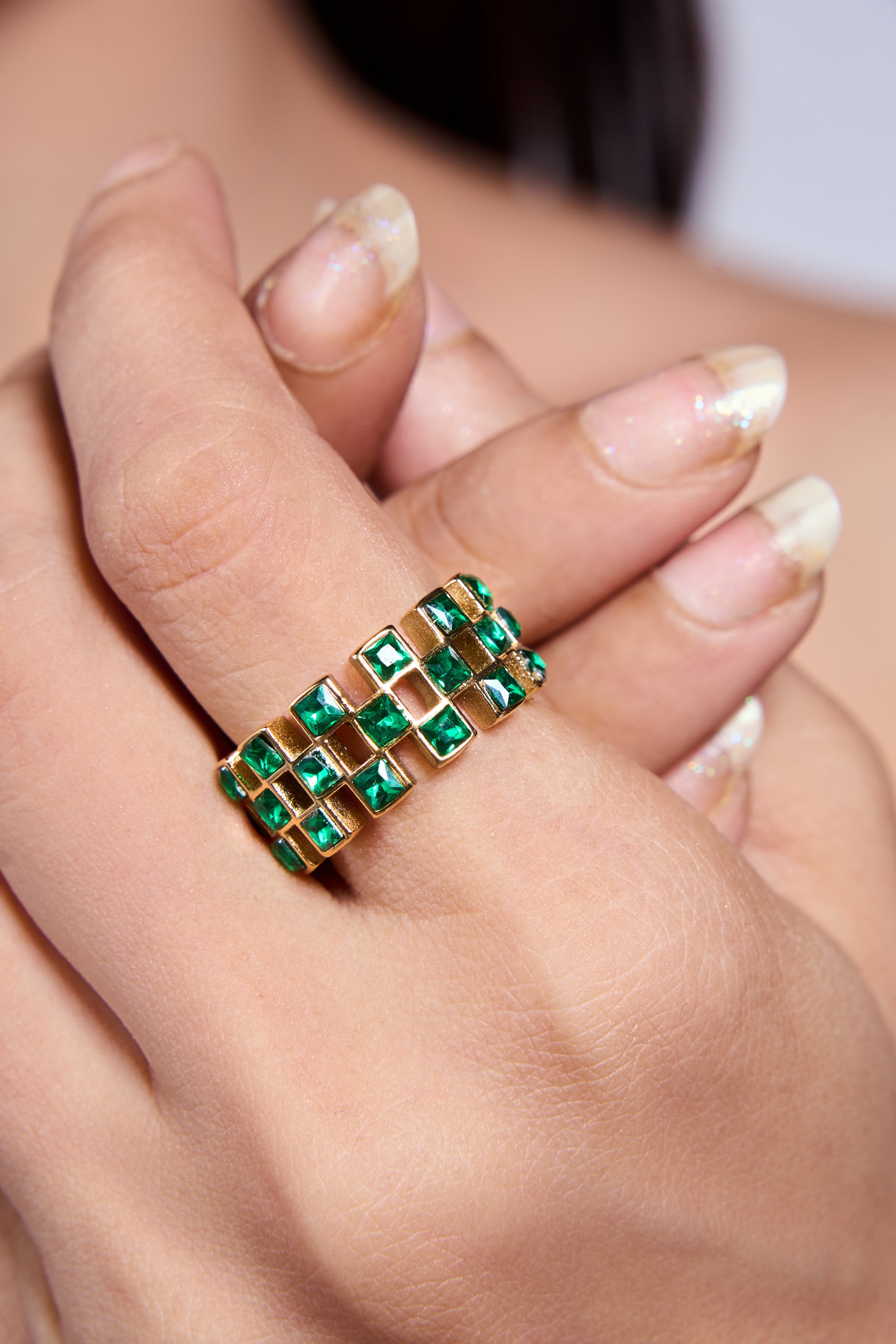 Square Checkered Emerald Green Ring - Kamora.in