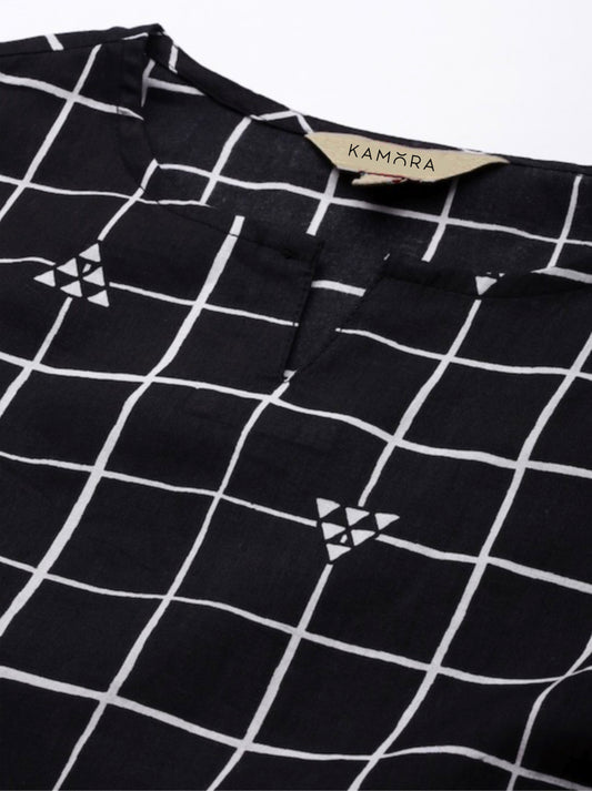 Black And White Checked Pure Cotton Kurta with Cropped Trousers