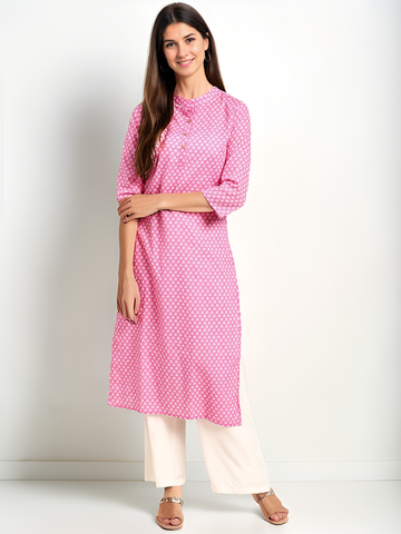 Pink & White Ethnic Motifs Printed Cotton Kurta