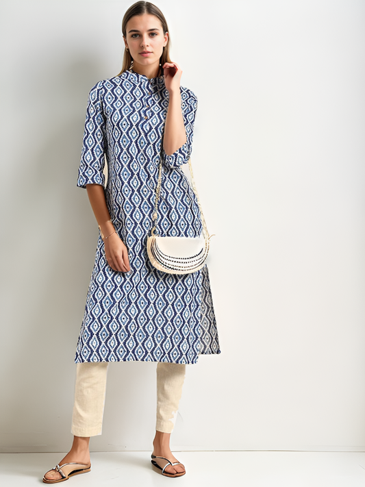 Blue & White Ethnic Motifs Printed Kurta