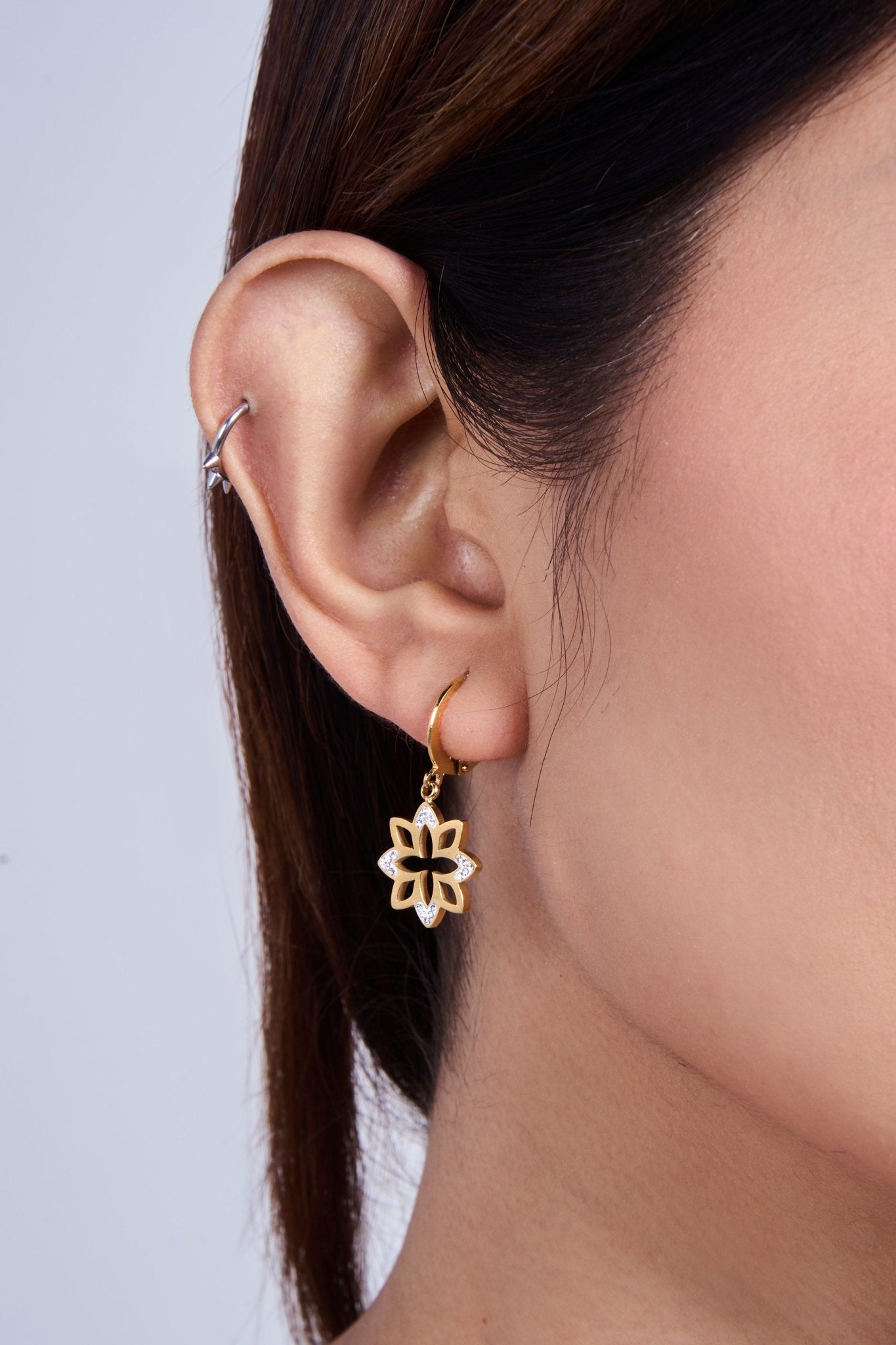 Flower Hollow Danglers in Rhinestone with Ear Jackets - Kamora.in