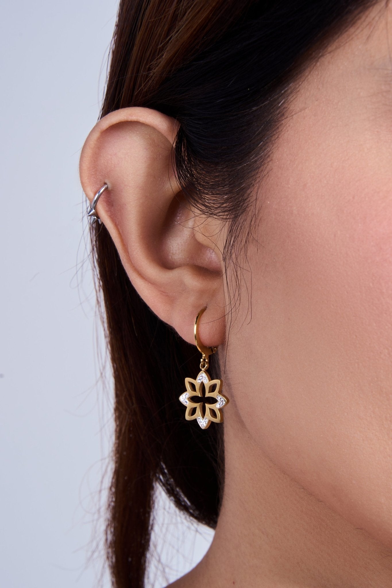 Flower Hollow Danglers in Rhinestone with Ear Jackets - Kamora.in