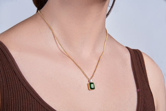 Green Pendant with Rhinestone Link in Snake Chain - Kamora.in